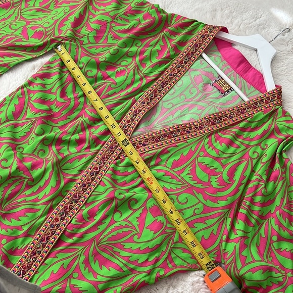 DESIGNER SET SIZE M Green Leaf Print Midi Viscose Kimono with Embroidery… - Picture 14 of 16